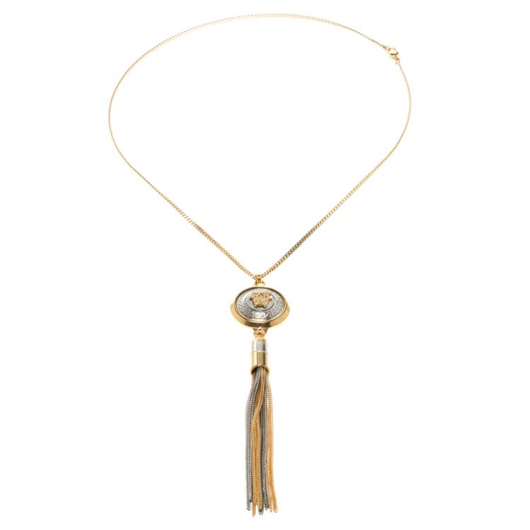 Pre Owned Versace Medusa Tassel Two Tone Pendant Necklace