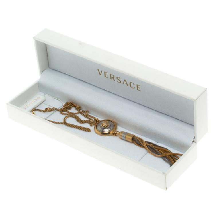 Pre Owned Versace Medusa Tassel Two Tone Pendant Necklace