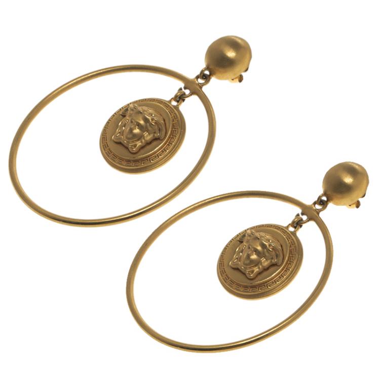 Pre Owned Versace Medusa Gold Tone Hoop Earrings