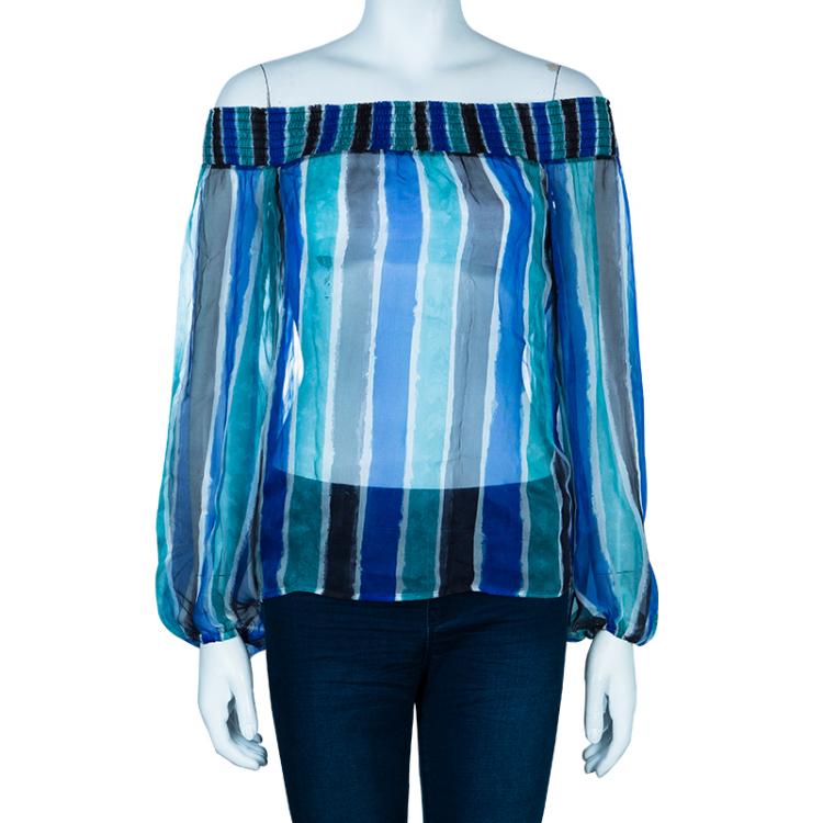 Pre Owned Versace Striped Printed Off-Shoulder Top S