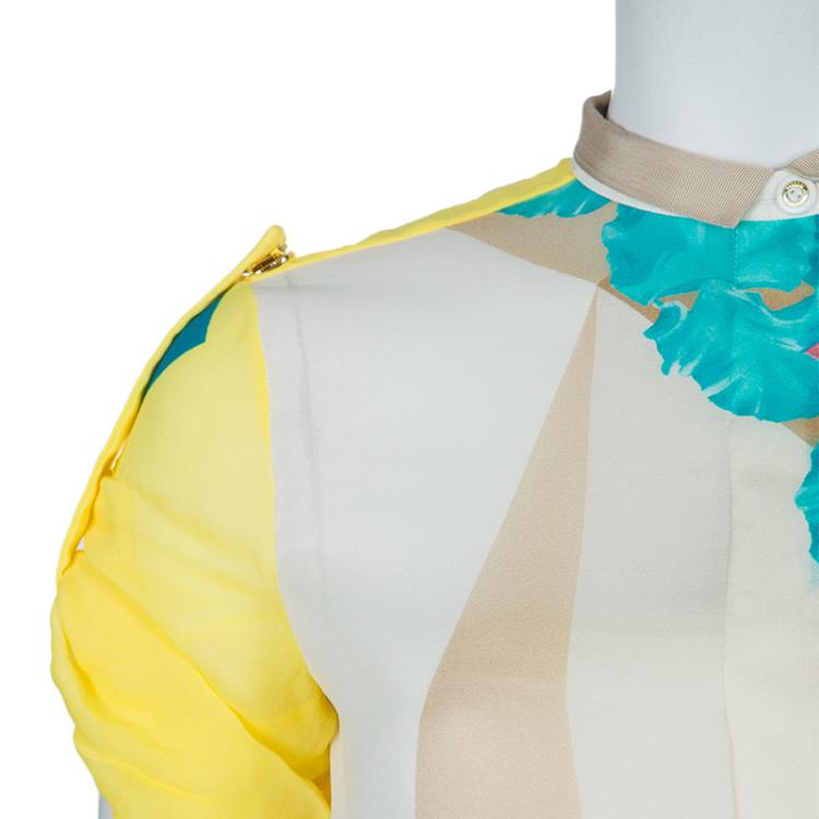 Pre Owned Versace Multicolor Print Sleeve Tab Detail Silk Blouse S