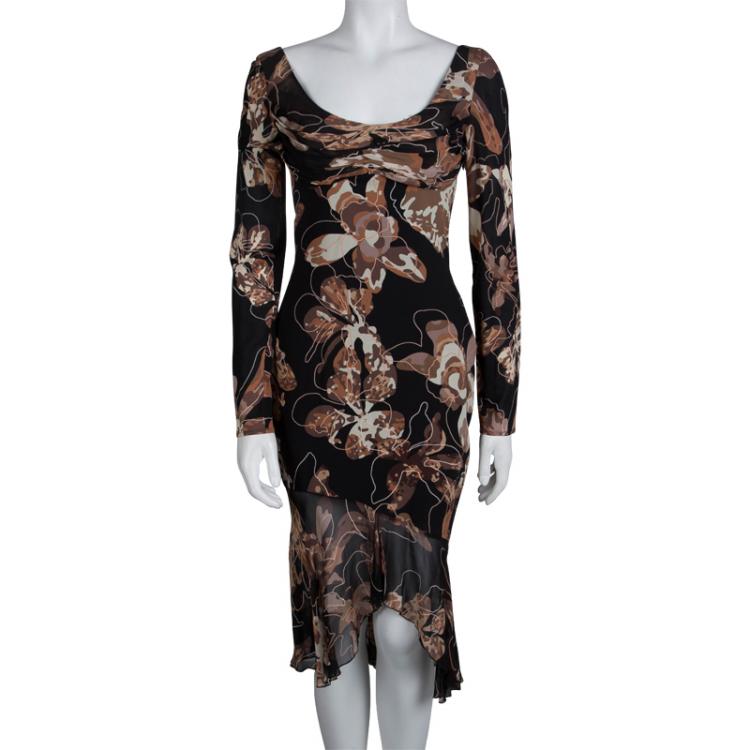 مملوكة مسبقًا Versace Black Floral Printed Silk Ruffle Bottom Midi Dress S