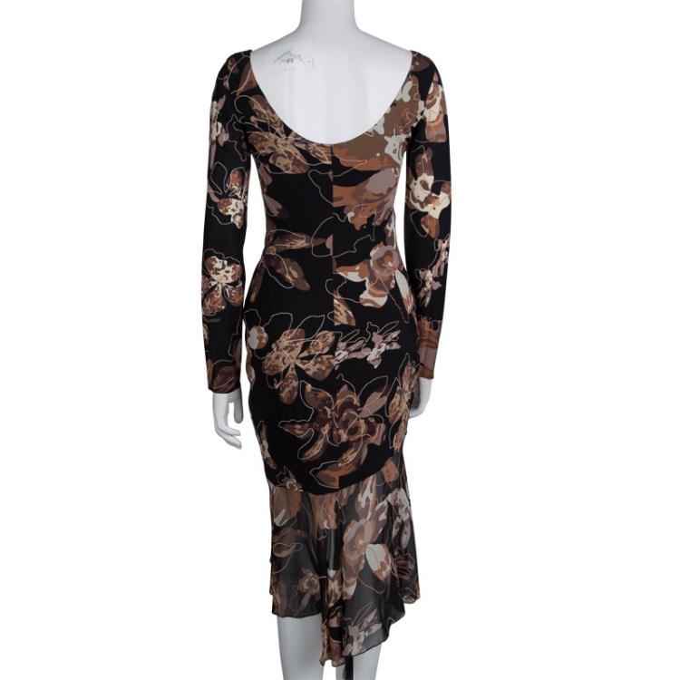 مملوكة مسبقًا Versace Black Floral Printed Silk Ruffle Bottom Midi Dress S