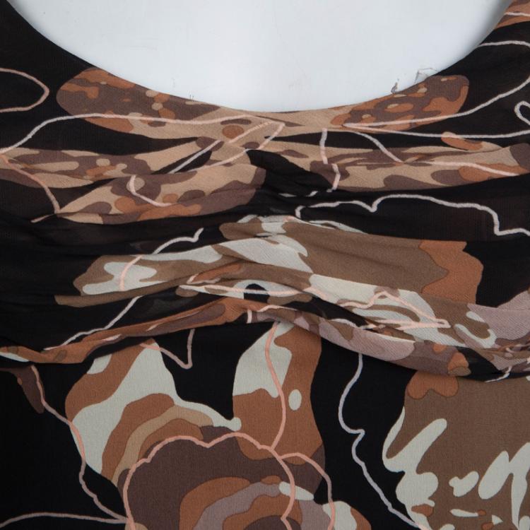 مملوكة مسبقًا Versace Black Floral Printed Silk Ruffle Bottom Midi Dress S