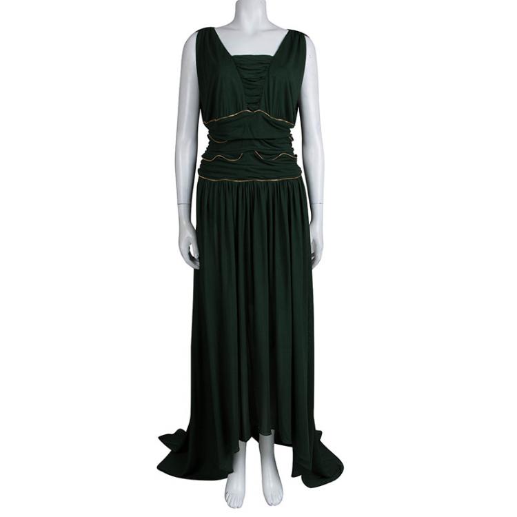 Pre Owned Versace Collection Green Ruched Zip Detailed Sleeveless Gown XL