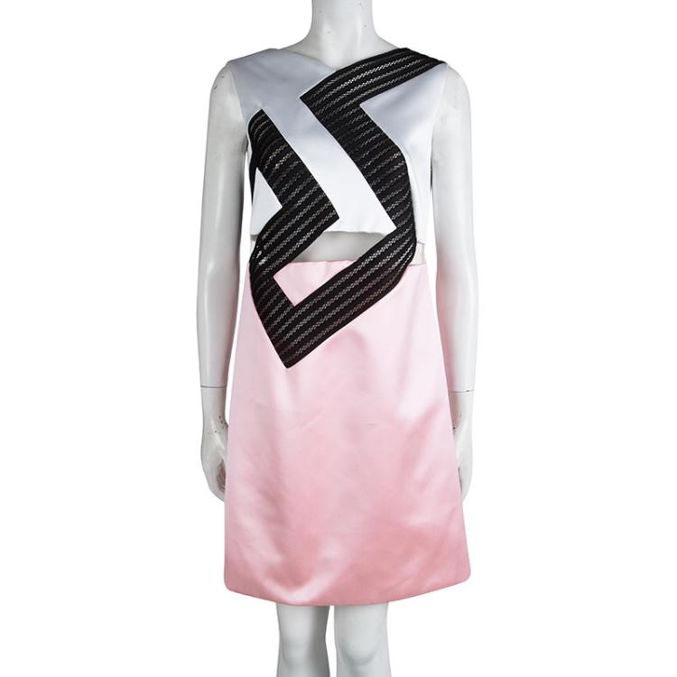 Pre Owned Versace Pink and White Colorblock Mesh Insert Sleeveless Cocktail Dress M