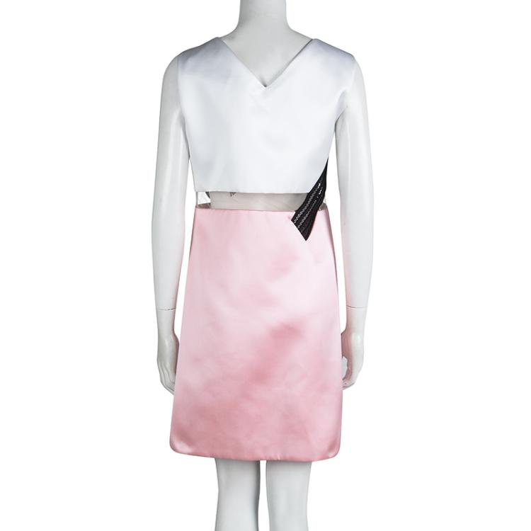 Pre Owned Versace Pink and White Colorblock Mesh Insert Sleeveless Cocktail Dress M