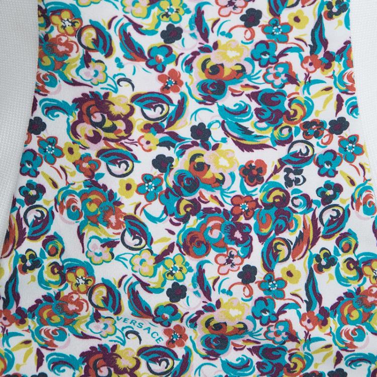 Pre Owned Versace White Floral Print Contrast Panel Detail Sleeveless Dress S