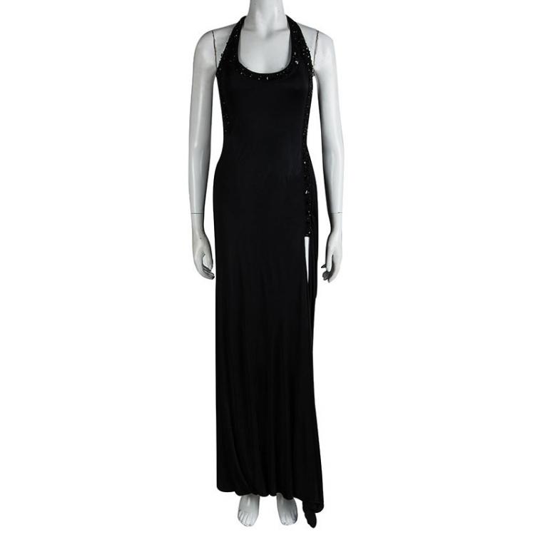 Pre Owned Versace Black Embellished Cut Out Back Detail Gown M