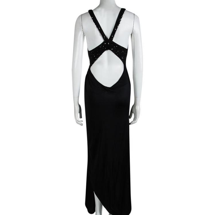 Pre Owned Versace Black Embellished Cut Out Back Detail Gown M
