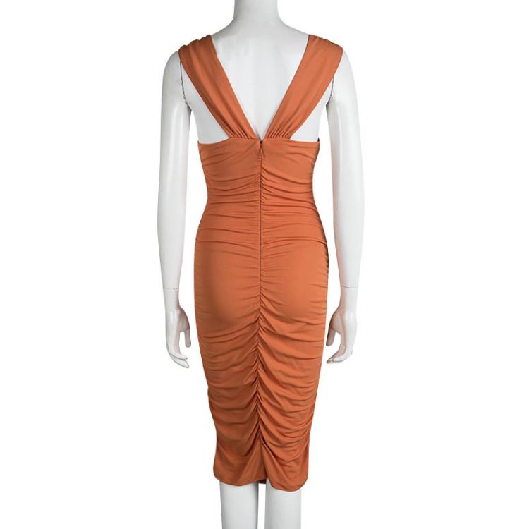 Pre Owned Versace Orange Ruched Sleeveless V- Neck Dress S
