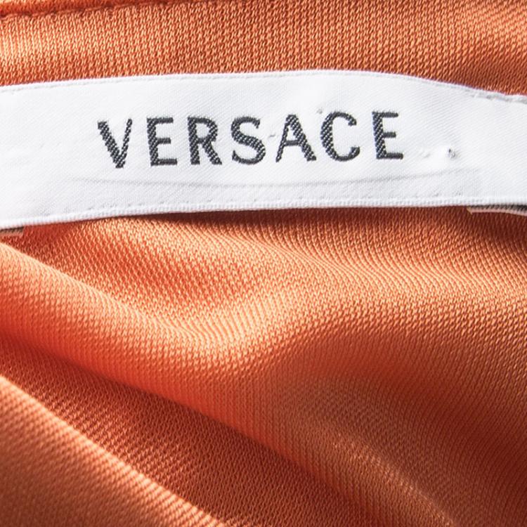 Pre Owned Versace Orange Ruched Sleeveless V- Neck Dress S