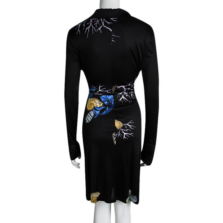 مملوكة مسبقًا Versace Collection Black Printed Tie Detail Long Sleeve Shirt Dress M