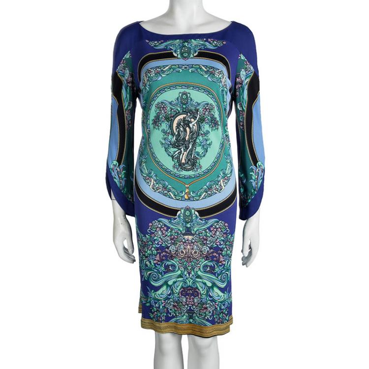 Pre Owned Versace Blue Printed Long Sleeve Dress L