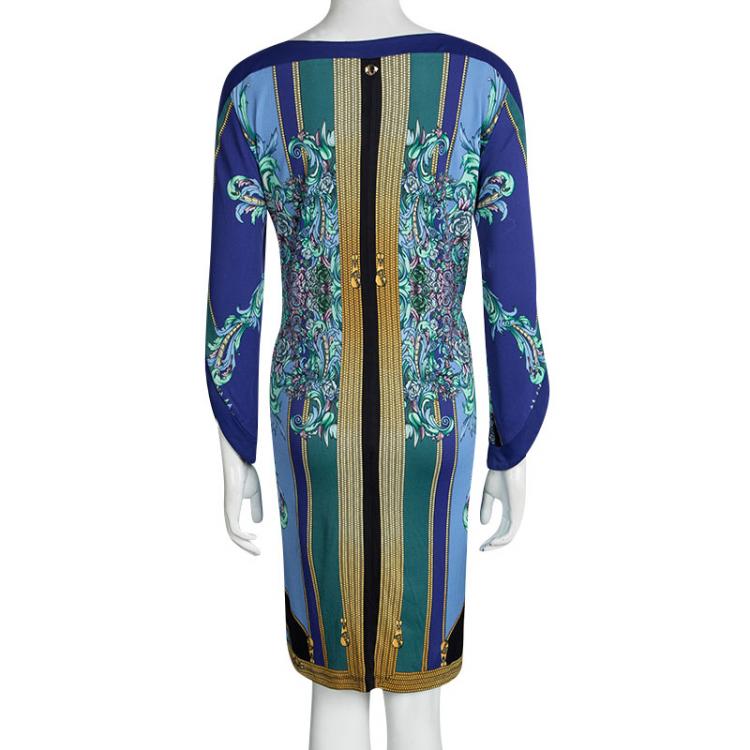 Pre Owned Versace Blue Printed Long Sleeve Dress L