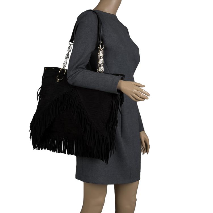 Pre Owned Versace Black Suede Fringe Tote