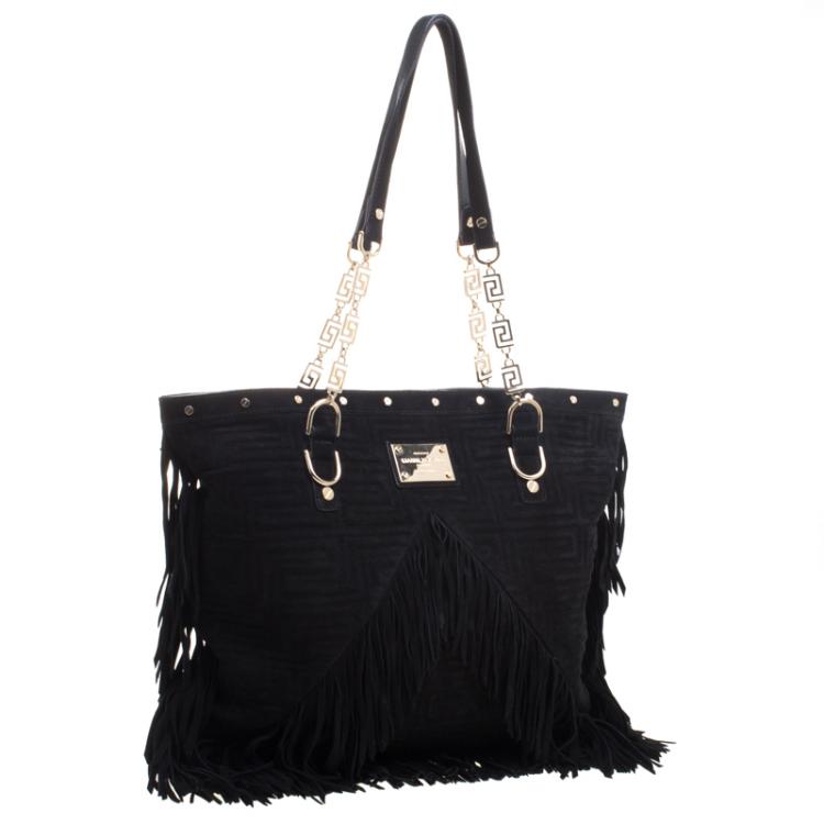 Pre Owned Versace Black Suede Fringe Tote