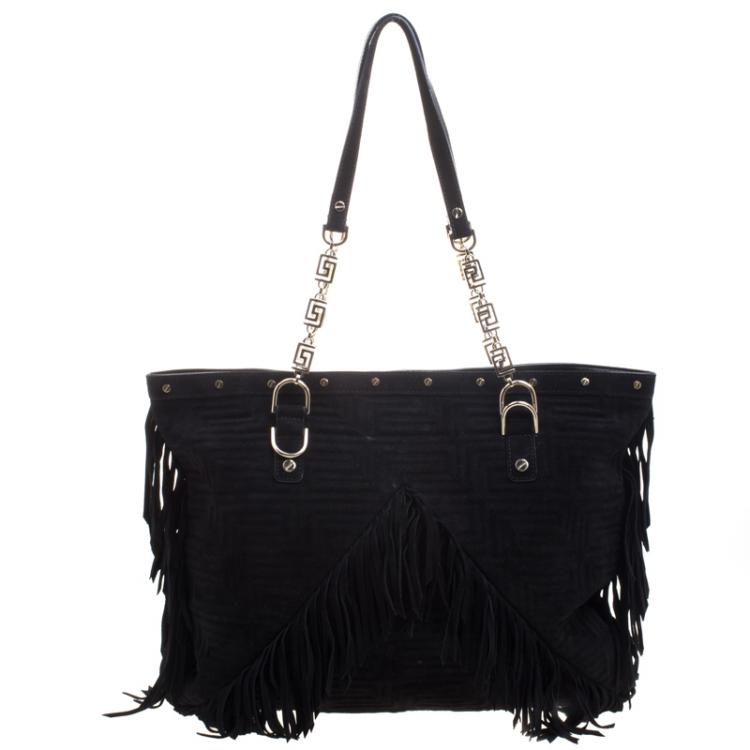Pre Owned Versace Black Suede Fringe Tote