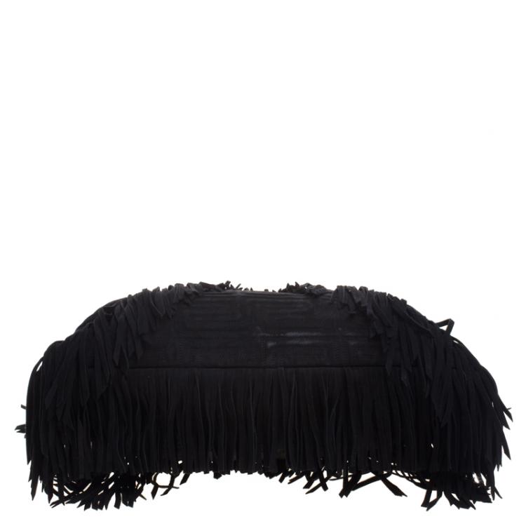 Pre Owned Versace Black Suede Fringe Tote