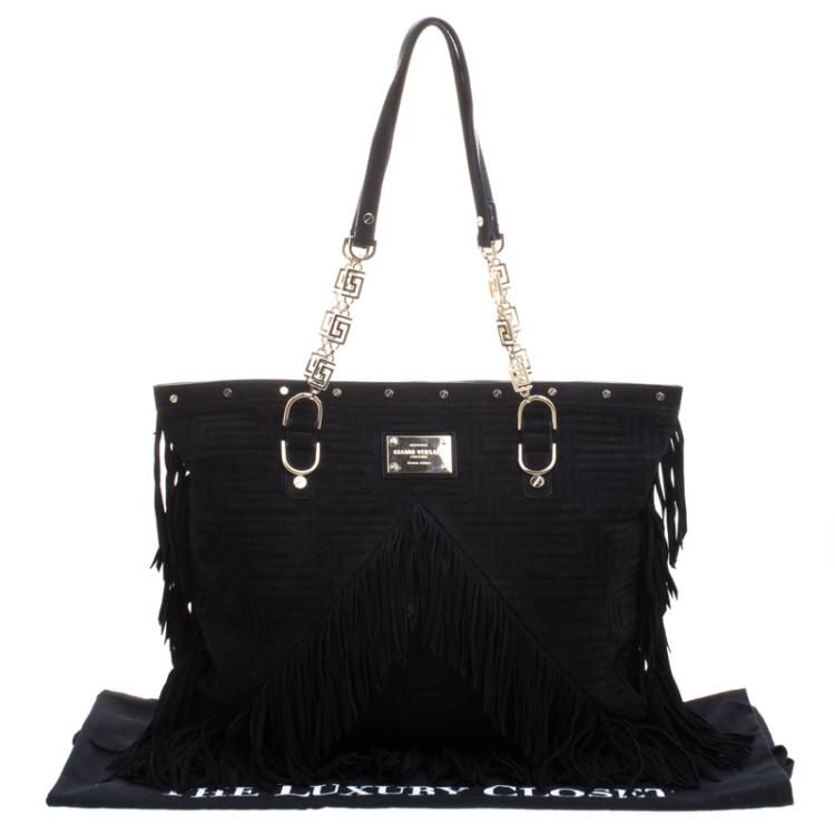 Pre Owned Versace Black Suede Fringe Tote