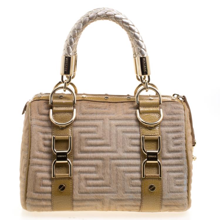 Pre Owned Versace Beige Calf Hair and Leather Small Snap Out Of It Satchel