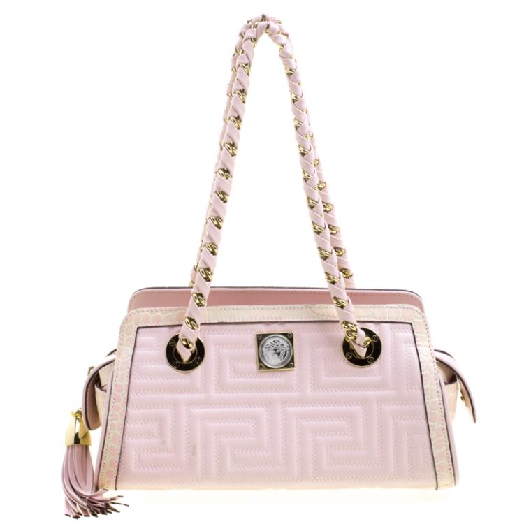 Pre Owned Versace Pink Croc Embossed Trim Leather Signature Shoulder Bag