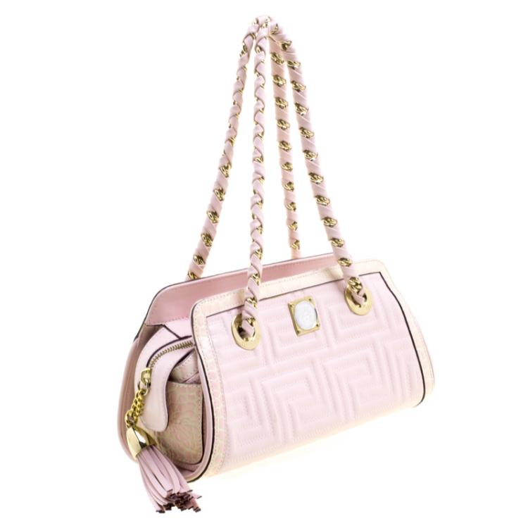 Pre Owned Versace Pink Croc Embossed Trim Leather Signature Shoulder Bag
