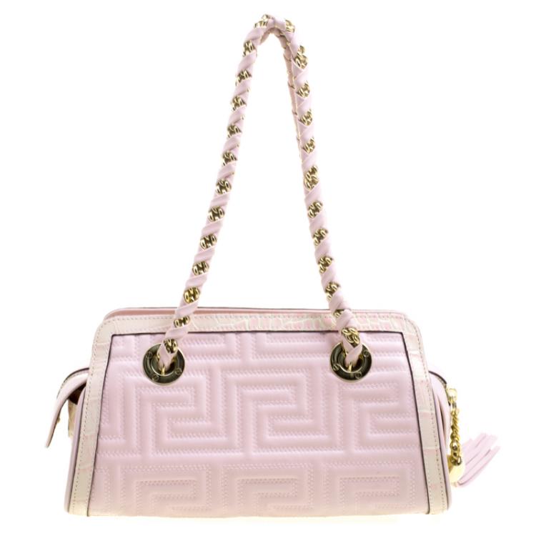 Pre Owned Versace Pink Croc Embossed Trim Leather Signature Shoulder Bag