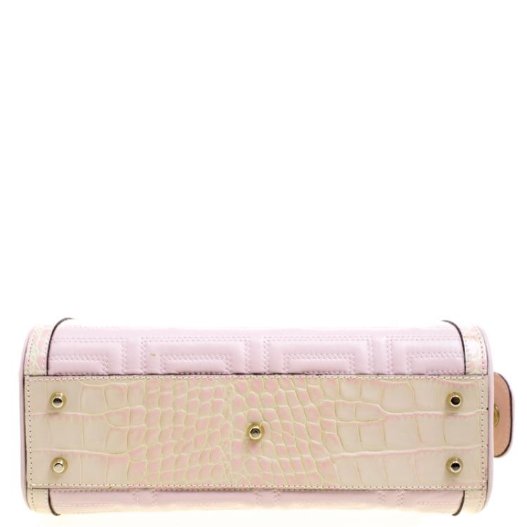 Pre Owned Versace Pink Croc Embossed Trim Leather Signature Shoulder Bag