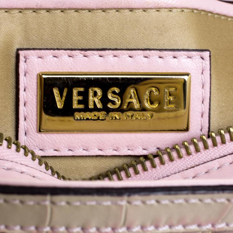 Pre Owned Versace Pink Croc Embossed Trim Leather Signature Shoulder Bag