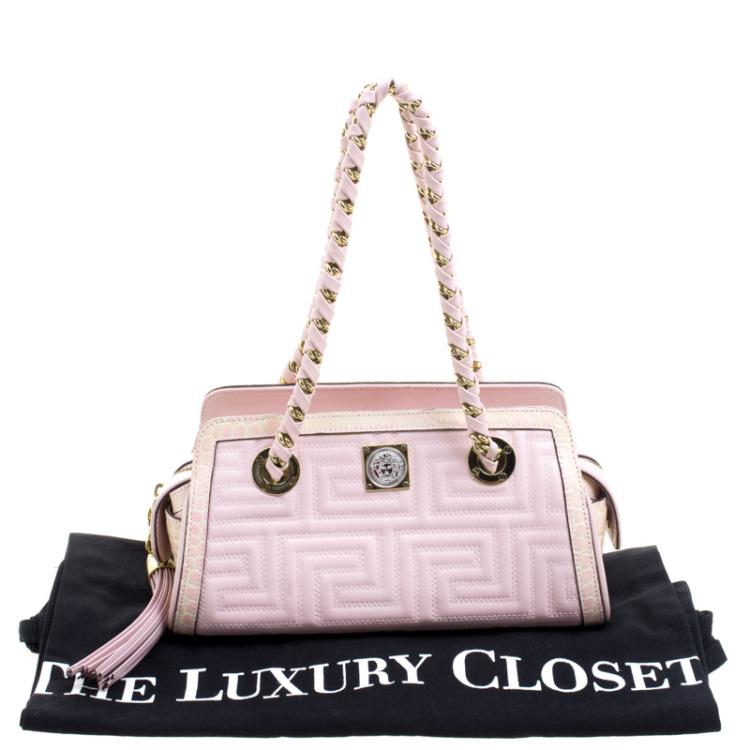 Pre Owned Versace Pink Croc Embossed Trim Leather Signature Shoulder Bag