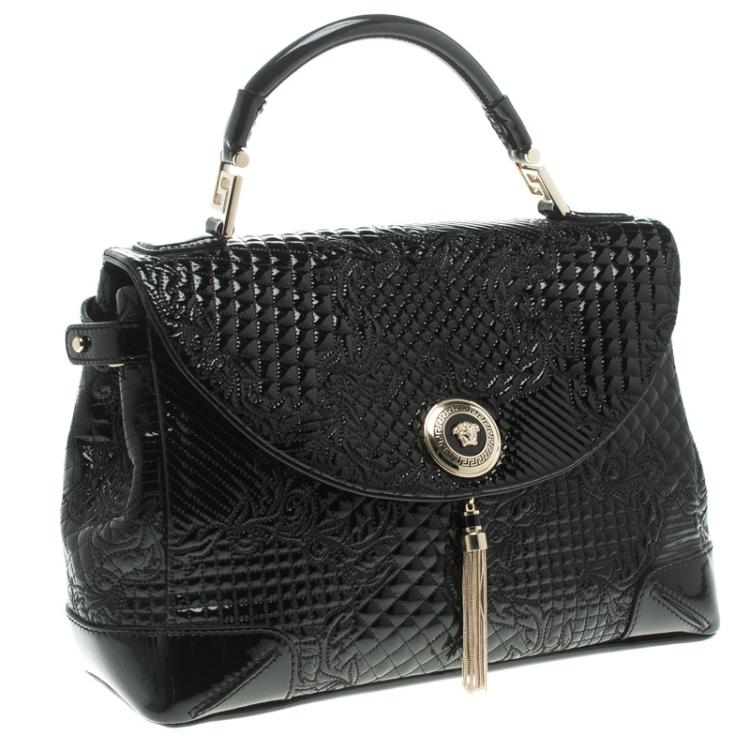 Pre Owned Versace Black Patent Leather Altea Top Handle Bag