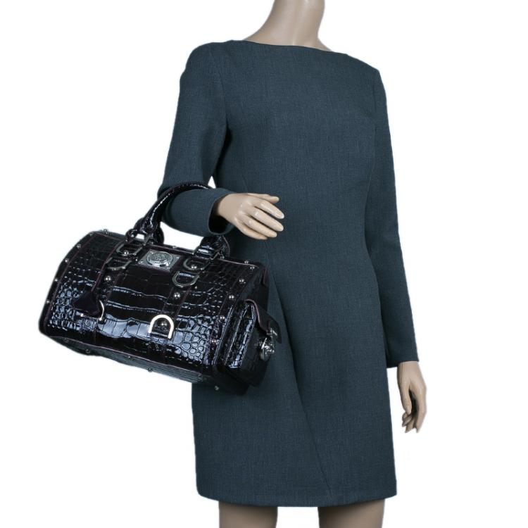 Pre Owned Versace Purple Croc Embossed Patent Leather Snap Out Of It Satchel Bag