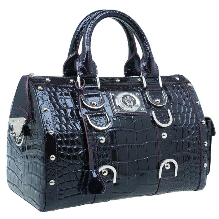 Pre Owned Versace Purple Croc Embossed Patent Leather Snap Out Of It Satchel Bag