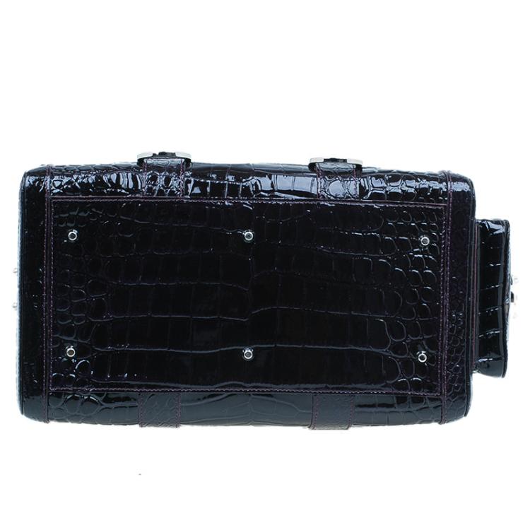Pre Owned Versace Purple Croc Embossed Patent Leather Snap Out Of It Satchel Bag