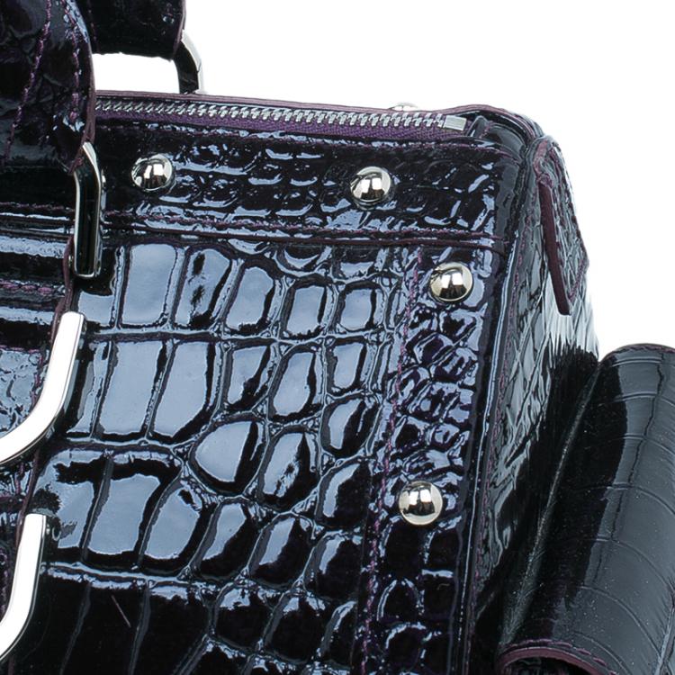 Pre Owned Versace Purple Croc Embossed Patent Leather Snap Out Of It Satchel Bag
