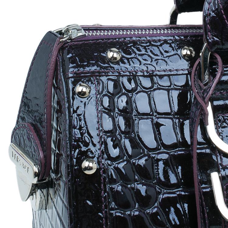 Pre Owned Versace Purple Croc Embossed Patent Leather Snap Out Of It Satchel Bag