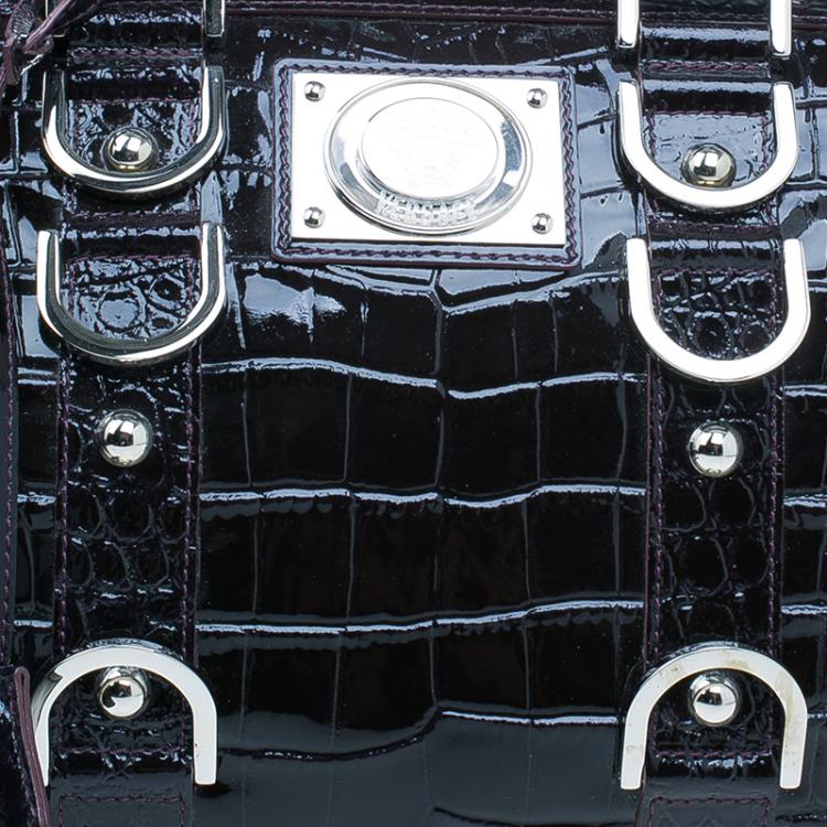 Pre Owned Versace Purple Croc Embossed Patent Leather Snap Out Of It Satchel Bag