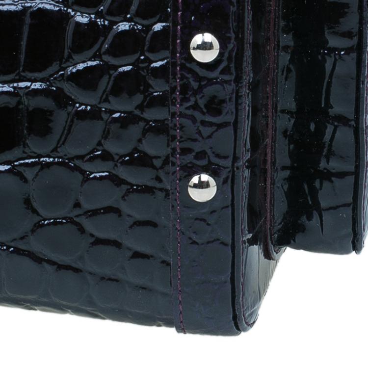 Pre Owned Versace Purple Croc Embossed Patent Leather Snap Out Of It Satchel Bag