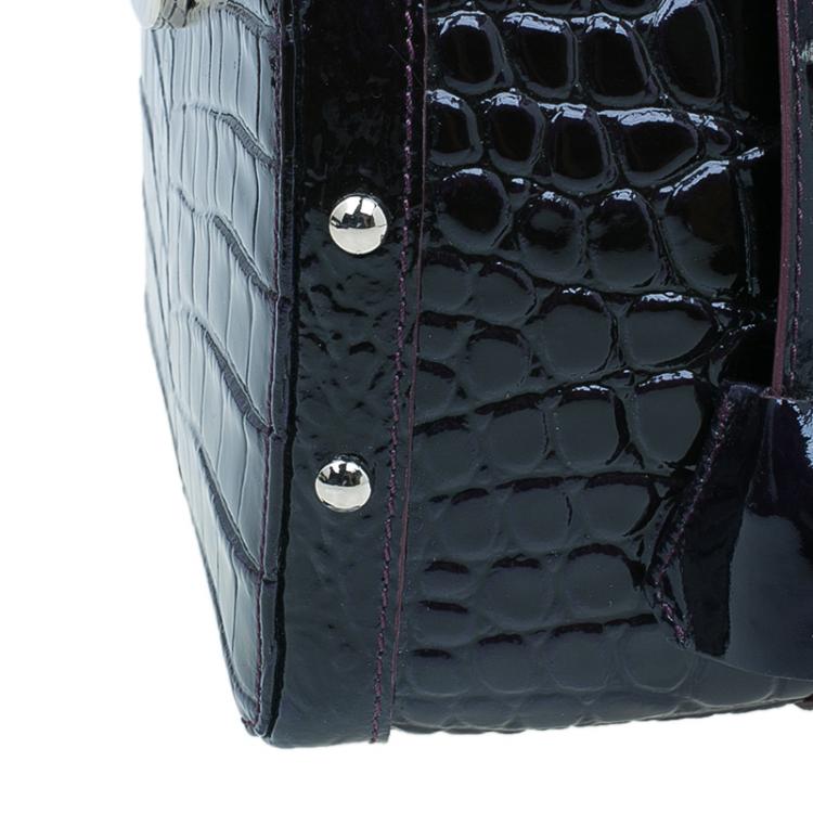 Pre Owned Versace Purple Croc Embossed Patent Leather Snap Out Of It Satchel Bag