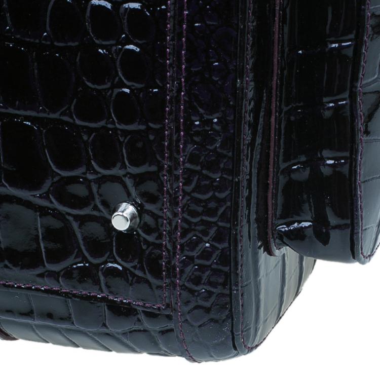 Pre Owned Versace Purple Croc Embossed Patent Leather Snap Out Of It Satchel Bag