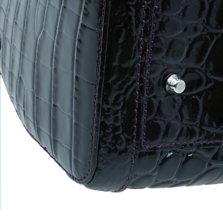 Pre Owned Versace Purple Croc Embossed Patent Leather Snap Out Of It Satchel Bag
