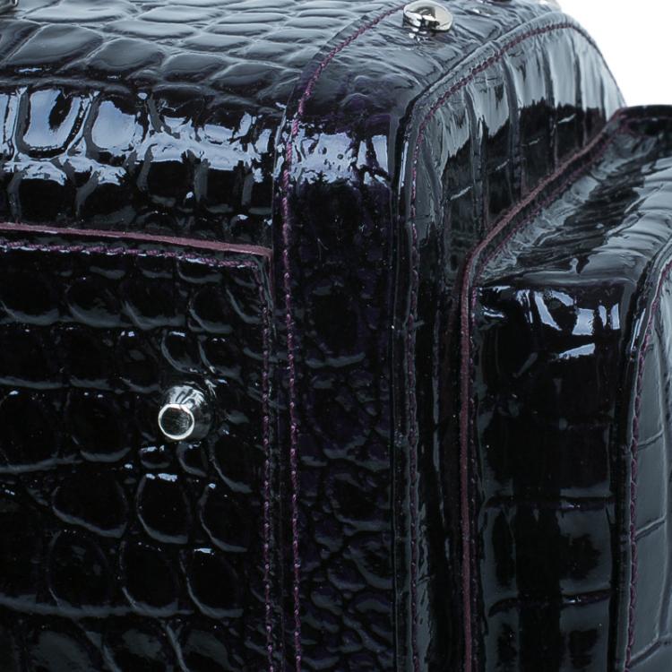 Pre Owned Versace Purple Croc Embossed Patent Leather Snap Out Of It Satchel Bag