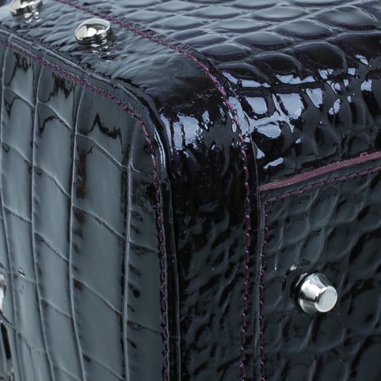 Pre Owned Versace Purple Croc Embossed Patent Leather Snap Out Of It Satchel Bag