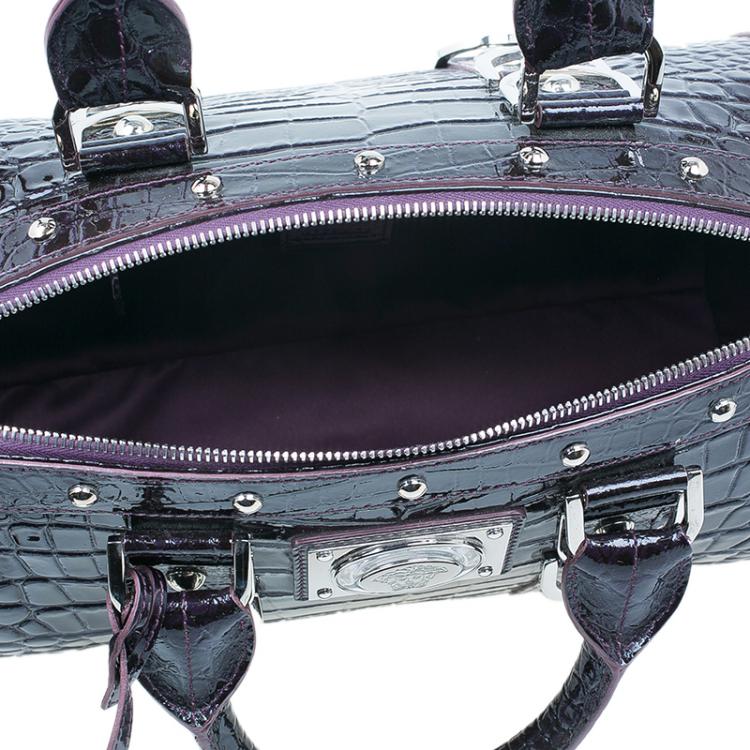 Pre Owned Versace Purple Croc Embossed Patent Leather Snap Out Of It Satchel Bag