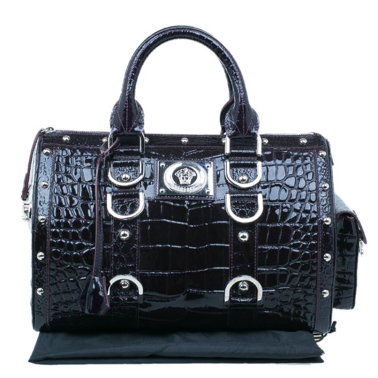 Pre Owned Versace Purple Croc Embossed Patent Leather Snap Out Of It Satchel Bag