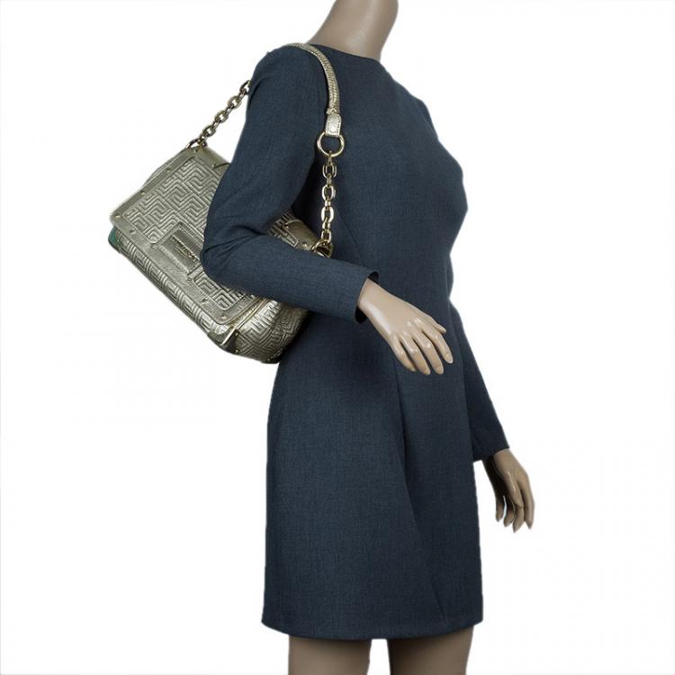 Pre Owned Versace Gold Embossed Leather Flap Shoulder Bag