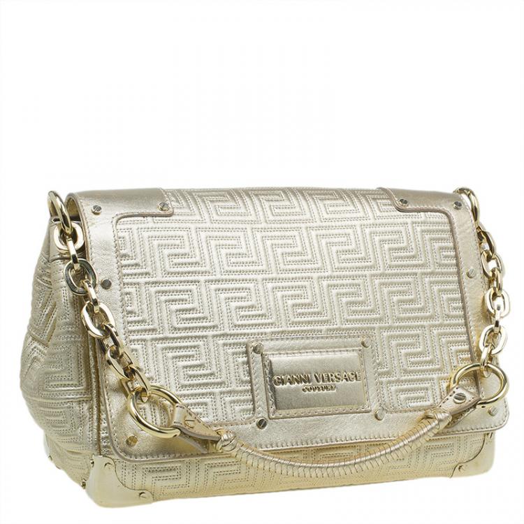 Pre Owned Versace Gold Embossed Leather Flap Shoulder Bag