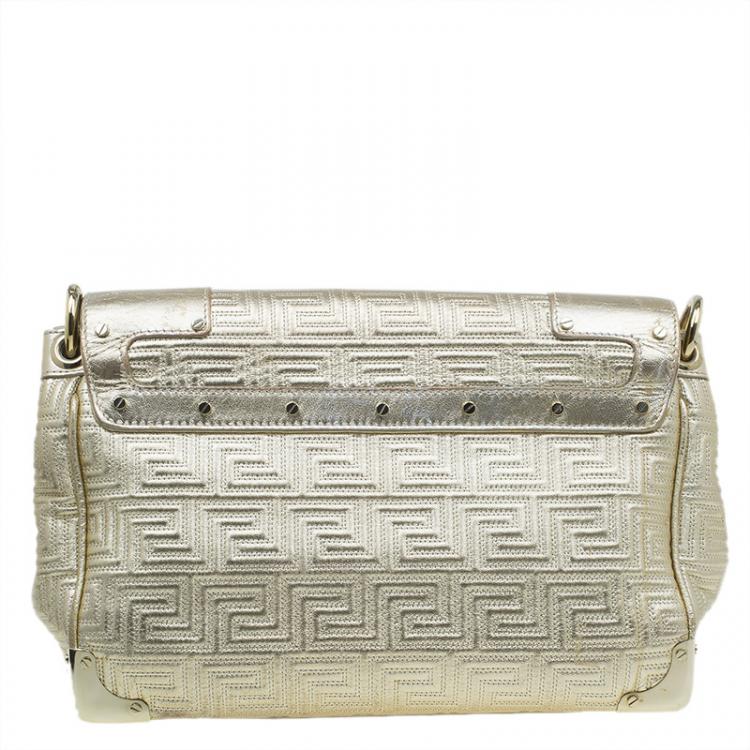 Pre Owned Versace Gold Embossed Leather Flap Shoulder Bag