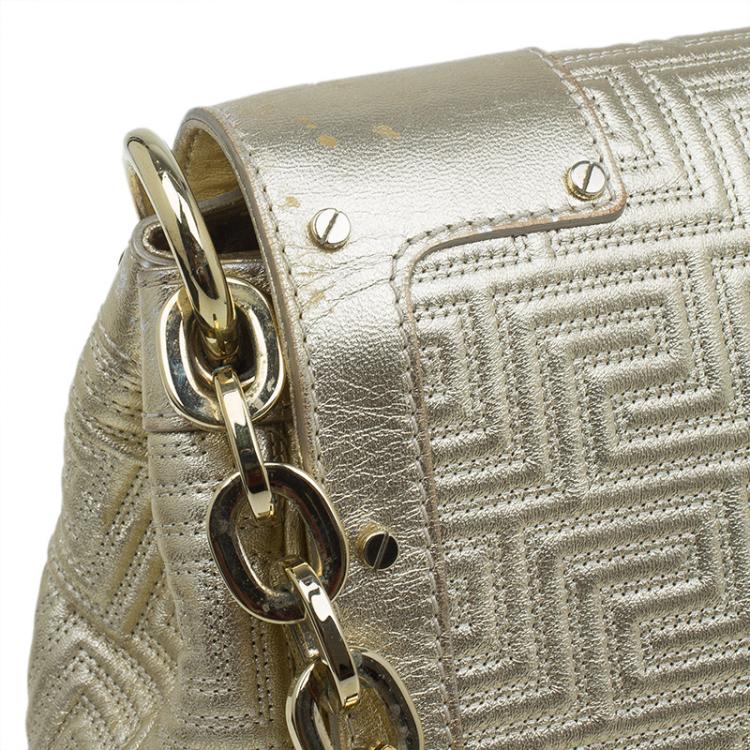 Pre Owned Versace Gold Embossed Leather Flap Shoulder Bag